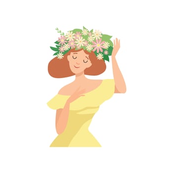 Young Beautiful Woman with Flower Wreath in Her Hair, Portrait of Elegant Girl in Yellow Dress with Floral Wreath Illustration vector