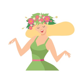 Young Beautiful Woman with Flower Wreath in Her Hair and Green Dress, Portrait of Elegant Blonde Girl with Floral Wreath Illustration vector