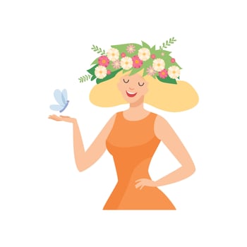 Young Smiling Beautiful Woman with Flower Wreath in Her Hair, Portrait of Elegant Girl with Floral Wreath and Butterfly Illustration vector