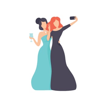 Girls Wearing Evening Dresses Taking Selfie Photo on Smartphone, Beautiful Young Women Making Photo or for Social Media Using Modern Gadget Illustration vector