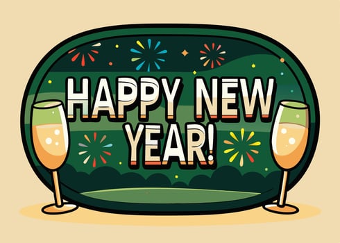 Celebrate New Year with champagne glasses and colorful fireworks vector