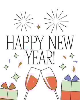 Celebrate New Year's Eve with champagne glasses and fireworks vector