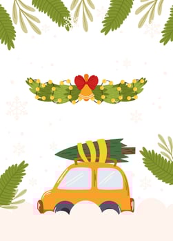 Poster Template Frame of a car carrying a Christmas tree, a garland with lights and bells, and greenery accents on a snowy background with blank space. vector