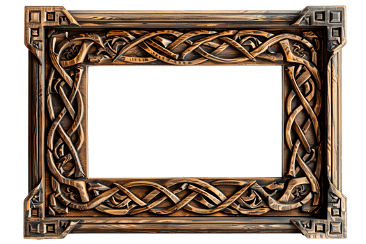 Antique wooden rectangular picture frame isolated on transparent background. Decorative intricate detailed frame design, knot carvings style. , cutout. png