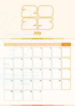 Modern vertical calendar sheet for July 2025, planner in English. vector