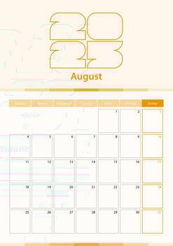 Modern vertical calendar sheet for August 2025, planner in English. vector
