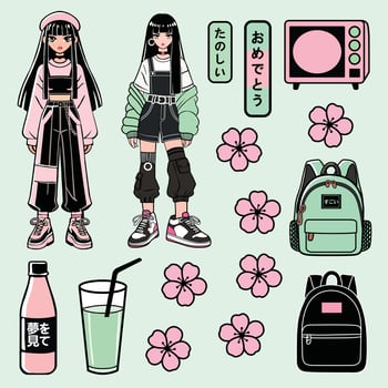 Fashion Cartoon Stylish Asian Woman Clip Art Set - Feminine Style vector