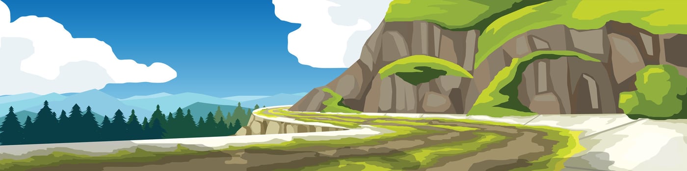 Landscape view of dirt road that curves along the mountainside. Road shoulder with concrete protection plan. background of pine forests and mountains looms in the distance. Blue sky and white clouds. vector
