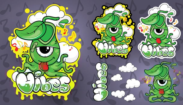 a set of stickers with green worms and music notes vector