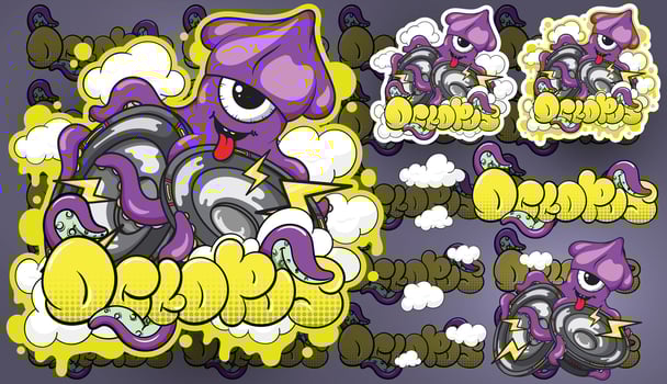 a set of stickers with purple octopus and other characters vector