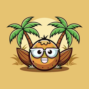 coconut cartoon character with sunglasses and palm trees vector