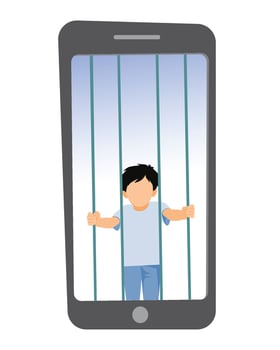 Kids imprisoned in a smartphone, symbolizing the addiction and dependency on mobile devices vector