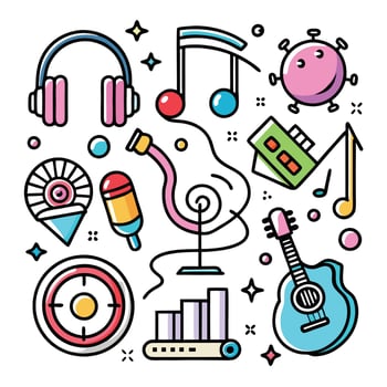 music icons set with headphones, microphone, guitar, microphone, and other items vector