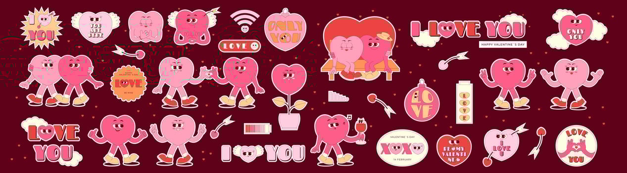 Retro groovy stickers set for Happy Valentines Day. Lovely and funny characters in shape of heart in trendy retro 60s 70s style. Love elements on dark background vector
