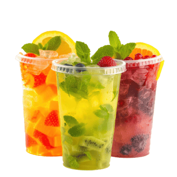 fruit cocktails in plastic cups on plain transparent background png