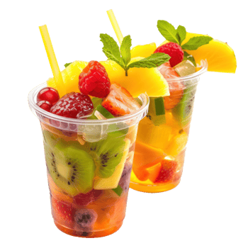 fruit cocktails in plastic cups on plain transparent background png