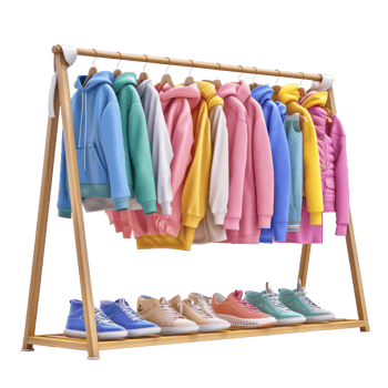 clothing rack with colorful clothes and shoes png