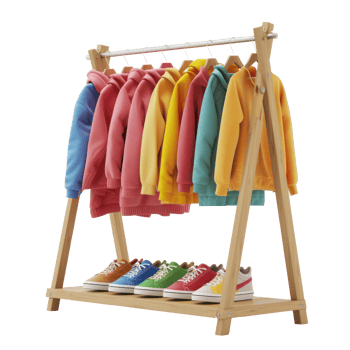app icon, logo, fashion game, wooden clothing rack, side view, colorful teen girl's clothing, sneakers, hoodies, 3d, octane render, transparent background png