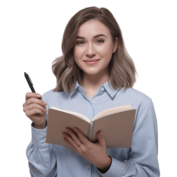 Portrait of a Young Woman Holding a Notebook and Pen isolated on transparent background png