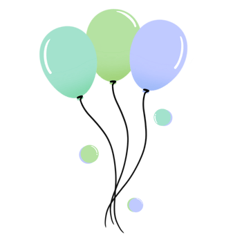 Three green and purple balloons on black strings png