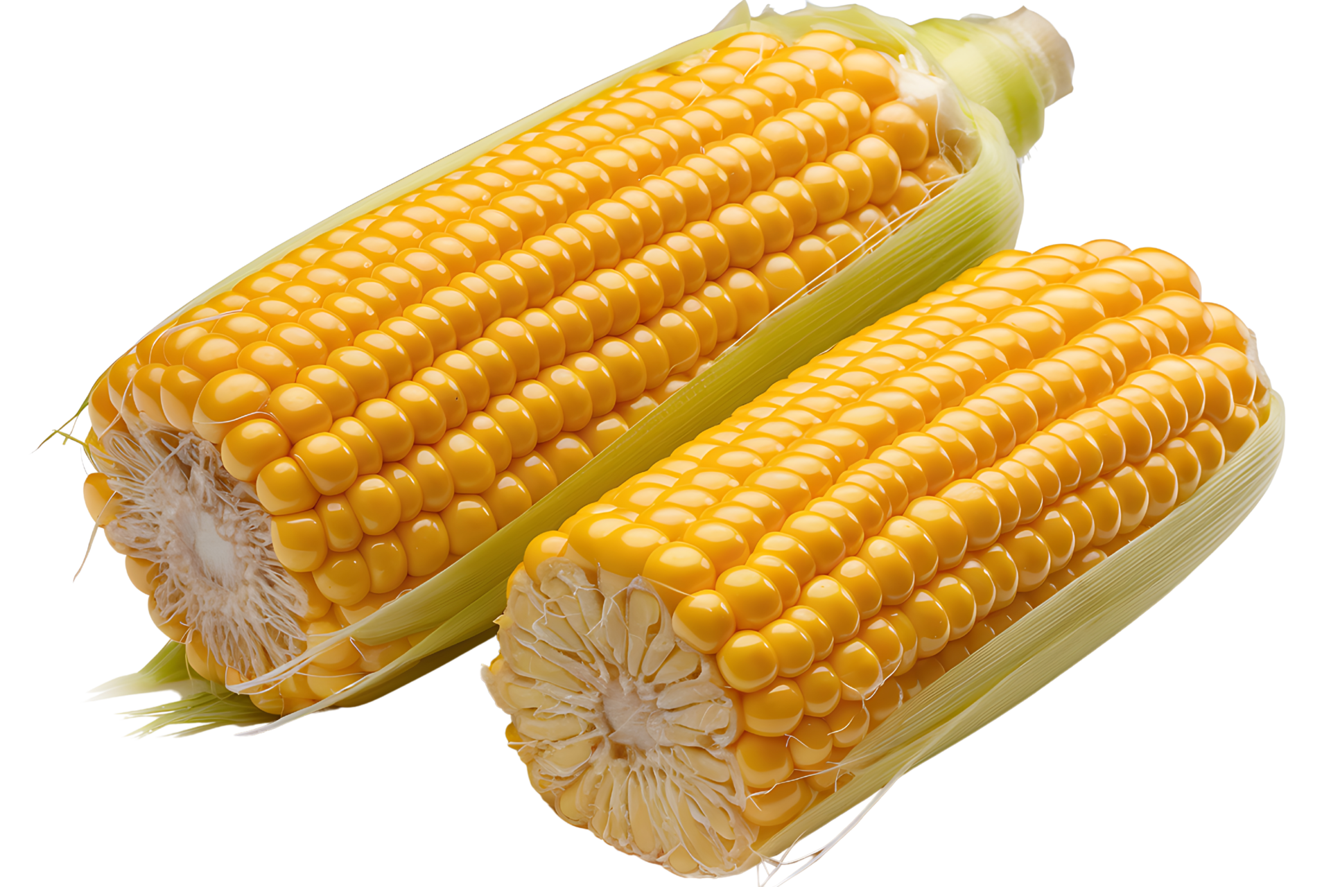 Two Ripe Yellow Corn on the Cob, Freshly Harvested, isolated on transparent background png