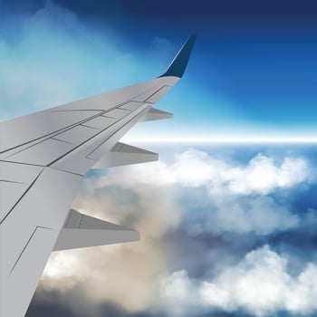 A panoramic view from an airplane with a close-up of the wing. vector
