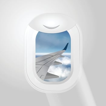A panoramic view from an airplane window with a close-up of the wing. vector