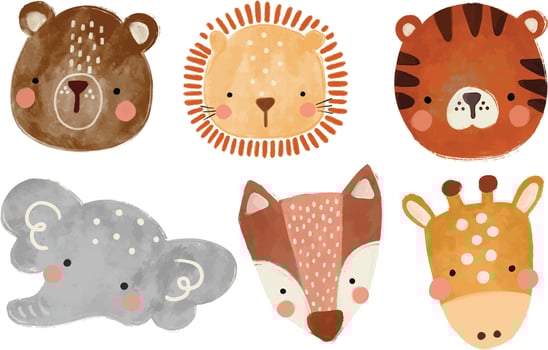 Cute set of scandinavian jungle forest animals crayon watercolor illustration transparent nursery clipart digital planner sticker vector