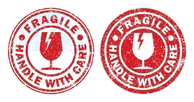 Fragile round circle grunge stamp sticker icon symbol. Handle with care logo sign. Keep dry, This way up. illustration image. Isolated on white background. vector