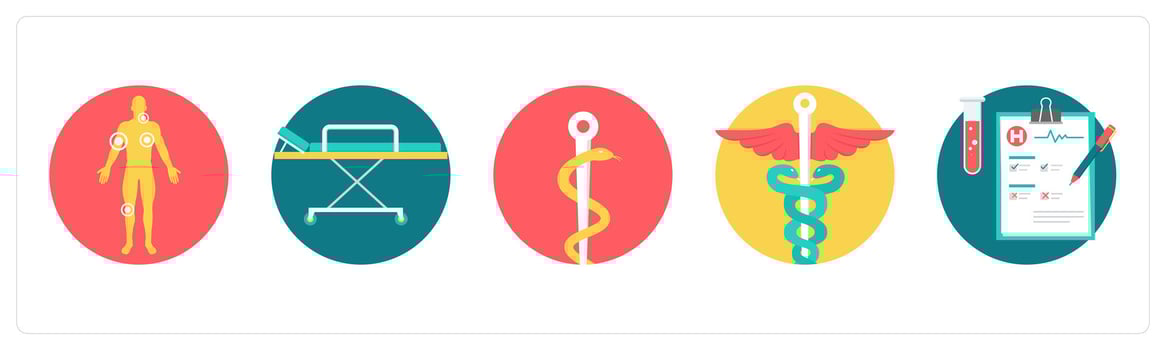 A set of 5 medical icons as symptom checker, stretcher, asclepious vector