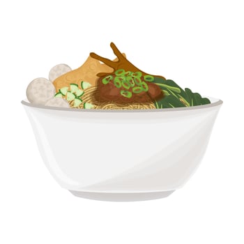 Illustration Logo Clipart Mie ayam bakso or Indonesian Chicken noodle soup with Meatball on a white bowl vector