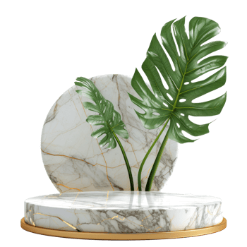 white and gold stone marble podium with green leave transparent background png