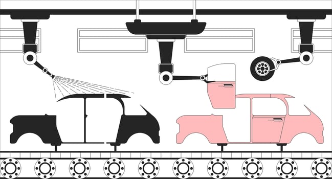 Automotive manufacturing line black and white illustration. Revolutionized carmaker. Production line at car factory 2D monochrome backdrop. Robotic arms assembling vehicles conveyor outline vector
