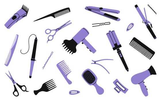 Set of hairdressing and hair styling tools, including combs, scissors, hairdryers and curling irons vector