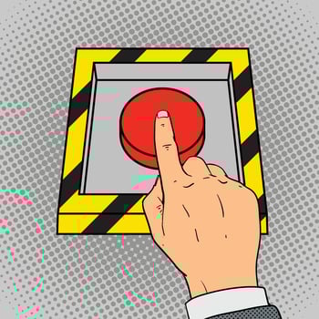 Hand push the red button pop art retro style illustration. Comic book imitation vector