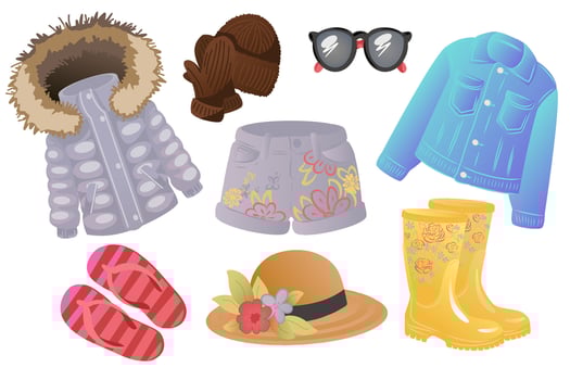 Collection of seasonal clothing and accessories including jacket, hat, sunglasses, shorts, and boots. illustration isolated on white background. vector
