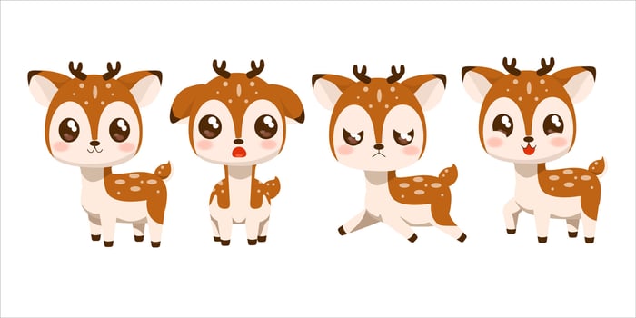 Set of four cartoon baby deer with different facial expressions. Cute animal illustration in flat . Wildlife and children's design concept vector