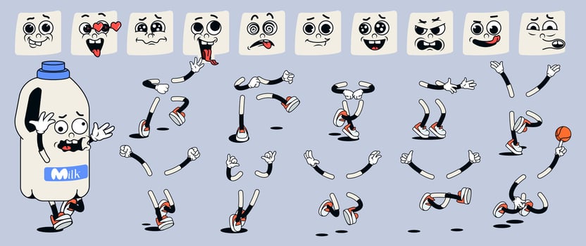 Milk bottle cartoon character with groovy comic faces set. Funny mascot with bundle of confusion, happy, love, sad, angry and other facial emotions, legs poses, hands gestures. illustration. vector