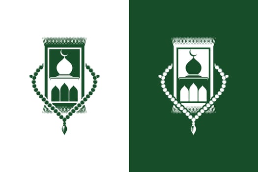 illustration design of green prayer mat and Islamic prayer beads with mosque symbols vector