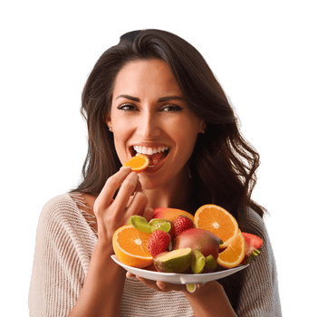 beautiful healthy woman eating fruit, png
