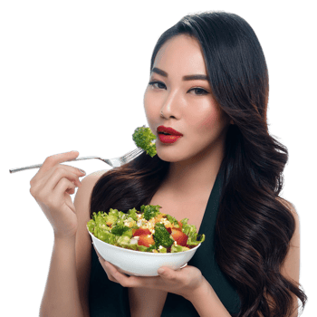 beautiful young woman eating salad, png