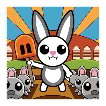 A cartoon rabbit holding a shovel and standing in front of a group of rabbits vector