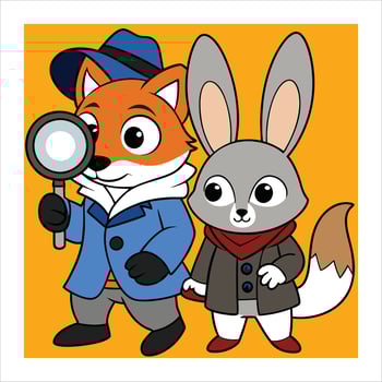 A cartoon fox and rabbit are holding magnifying vector
