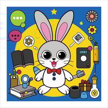 A cartoon rabbit surrounded by various vector