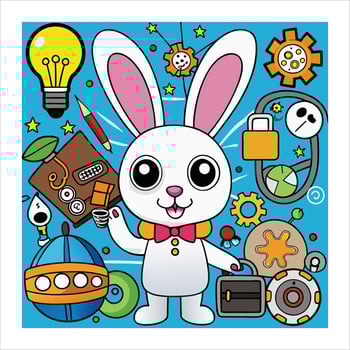 A cartoon rabbit surrounded by various objects vector