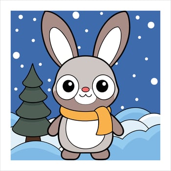 A cartoon bunny a scarf and hat in the snow vector