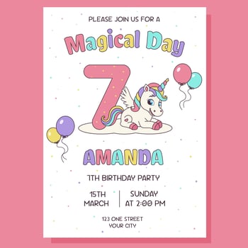 Invitation with unicorn concept. Birthday party invitation card with unicorn and birthday anniversary number. vector