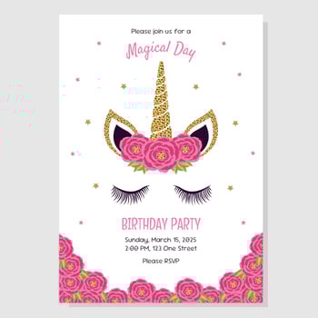 Unicorn birthday party invitation, greeting card. Invitation with unicorn elements and roses. vector