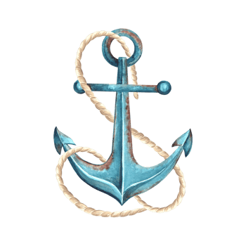 Anchor blue rusty entwined with rope. Hand drawn watercolor illustration isolated. Marine composition. Equipment for ship and sailboat. Design in nautical stile. Clipart for postcard, print, sticker. png