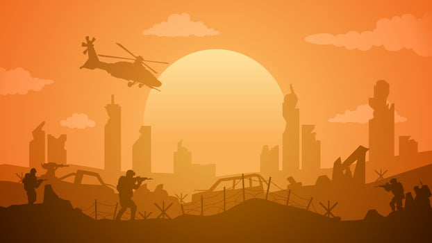 Landscape illustration of destroyed city in war with military conflict vector